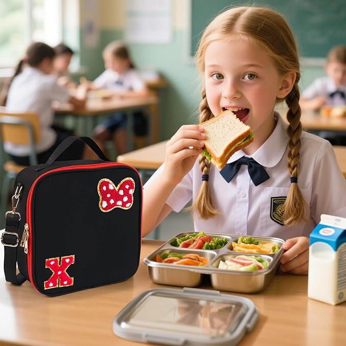 Preppy Initial Bow Mouse Lunch Bag, Kids Insulated Lunch Box Gifts for Teen Girls Daughter, Reusable Soft Lunch Containers Crossbody Cooler Bag Must Haves for Park Travel School Work Picnic Black X