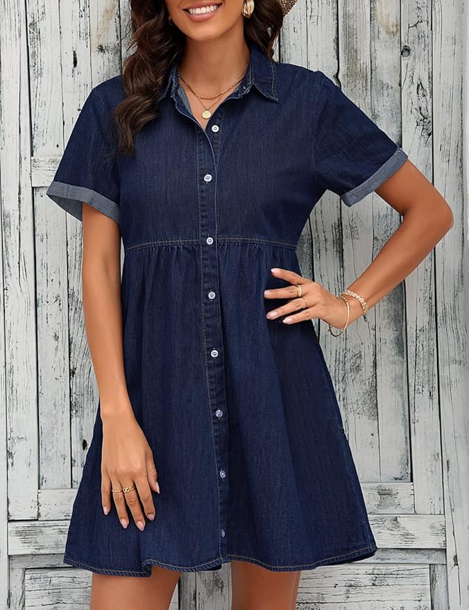 LookbookStore Women's Short Sleeve Button Down Flowy Tiered Babydoll Denim Dress