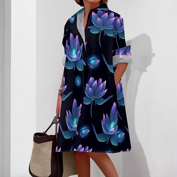 Shirt Dresses for Women 2025 Summer Long Sleeve Casual Plus Size Floral Printed Beach Vacation Dress with Pockets