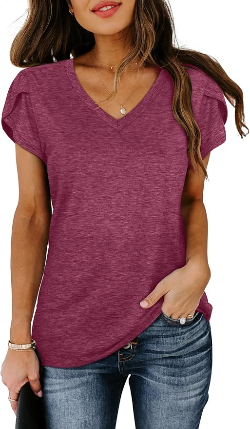 WIHOLL Womens Tops V Neck Summer Petal Sleeve Casual Tshirts