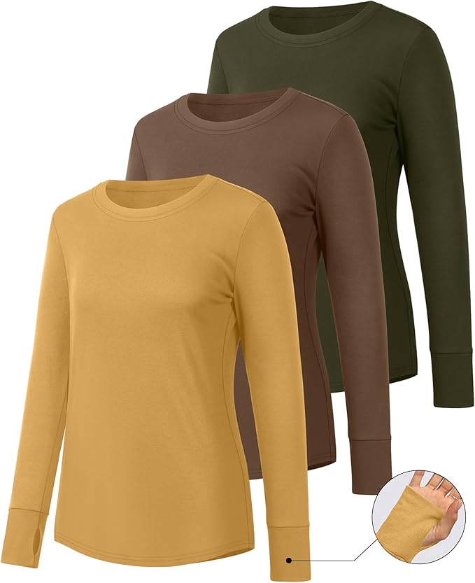 Huukeay 3 Pack Women's Long Sleeve Shirts with Thumb Holes, Cotton Casual Crew Neck Tunic Tops Fall Loose Y2k Trendy Outfits