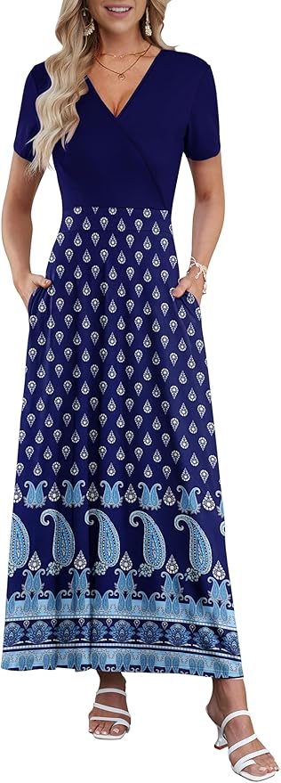 AUSELILY Maxi Dresses for Women Ankle Length Floral Print Beach Long Flowy Dress with Pockets