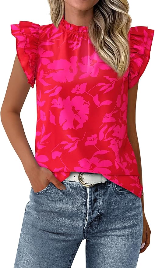 PRETTYGARDEN Women's Ruffle Short Sleeve Summer Tops 2026 Trendy Floral Trim Neck Casual Dressy Chiffon Boho Blouses Shirts