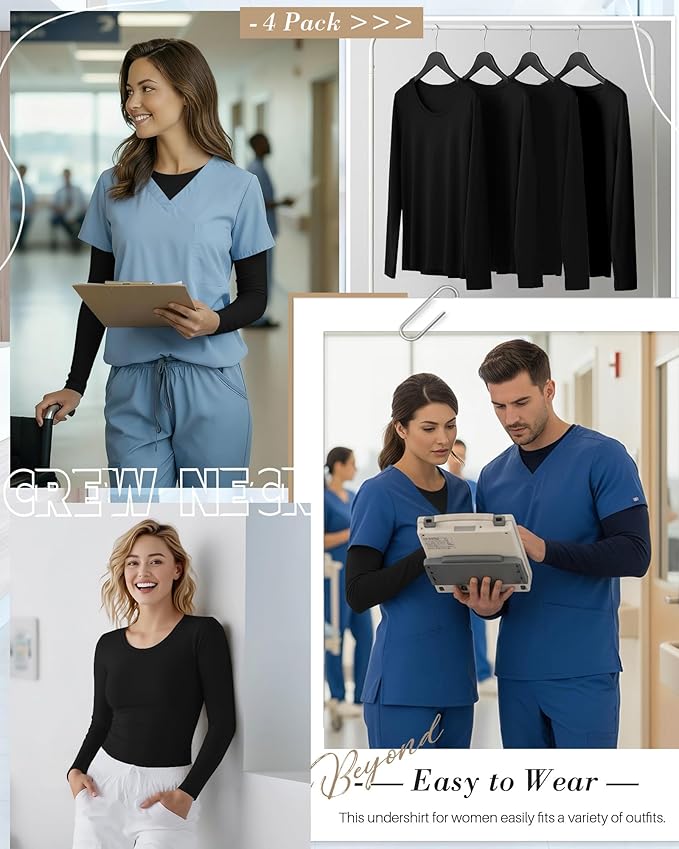 4 Pack Women's Underscrub Shirts Nurse Undershirts Long Sleeve Crewneck Slim Fit Tops Soft Stretchy Basic Tee