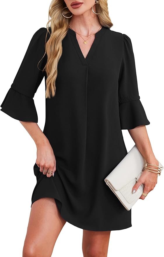 RUMIA Shift Dress for Women V Neck Ruffle Short Sleeve Loose Casual Summer Dress