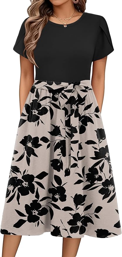 Zeagoo Womens Midi Dress Summer Short Sleeve Dress with Pockets 2025 Casual Floral T-Shirt Dress Flowy Beach Sundress