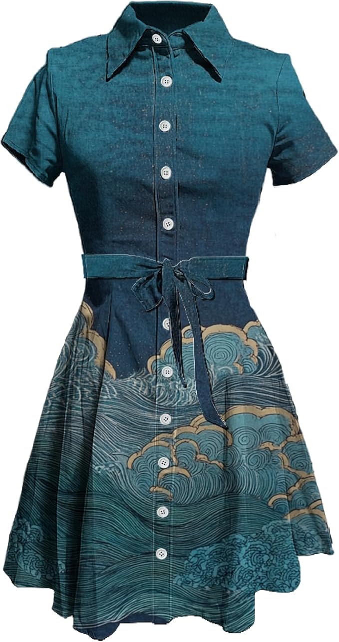 MARSVOVO Japanese Art Shirt Dresses for Women Short Sleeve Ruffle Button Down Tie Waist Trendy Elegant Midi Dress