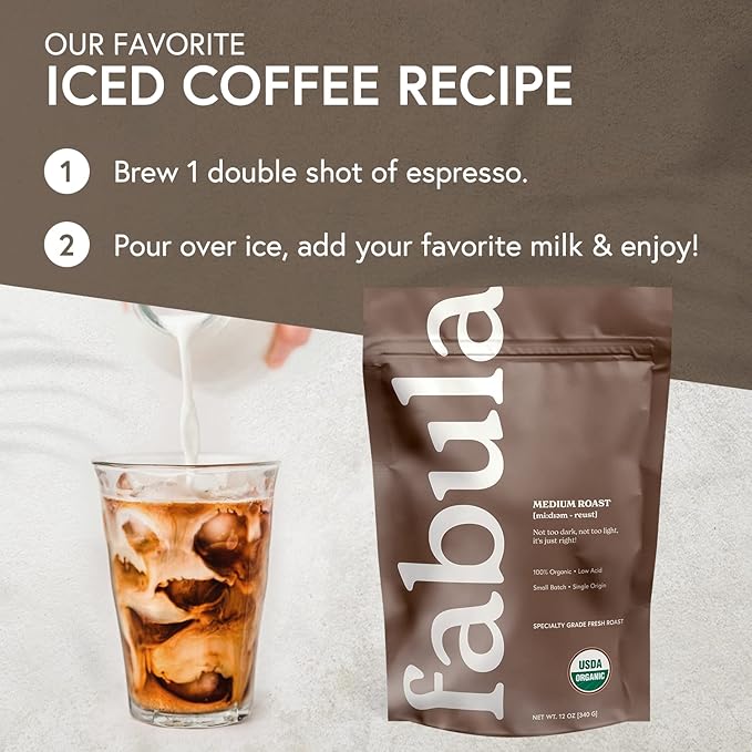 Fabula Low Acid Coffee Beans Whole, USDA Organic Coffee Beans Medium Roast - Non-GMO - No Molds - Mycotoxins Pesticides Free - Single Origin - 12 oz