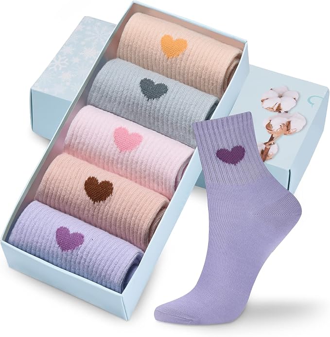 Corlap Women's Cute Cotton Crew Athletic Running Socks - Ankle High, Novelty Fun Heart Design 5-Pairs (Gift Box)