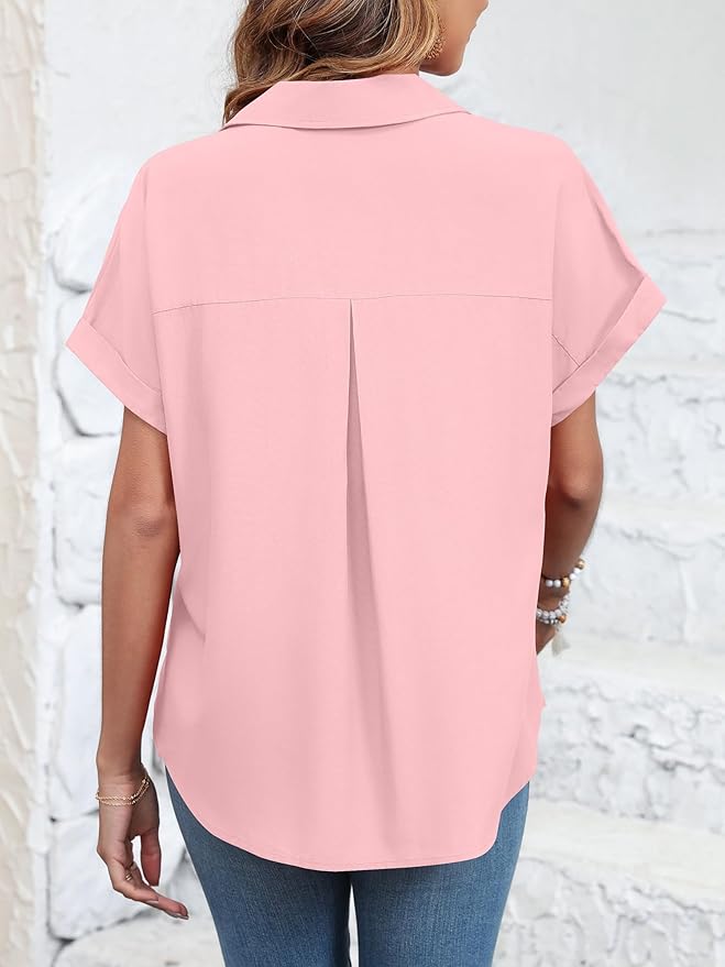 Womens Button Down Shirt Casual Short Sleeve Collared Work Blouse with Pocket