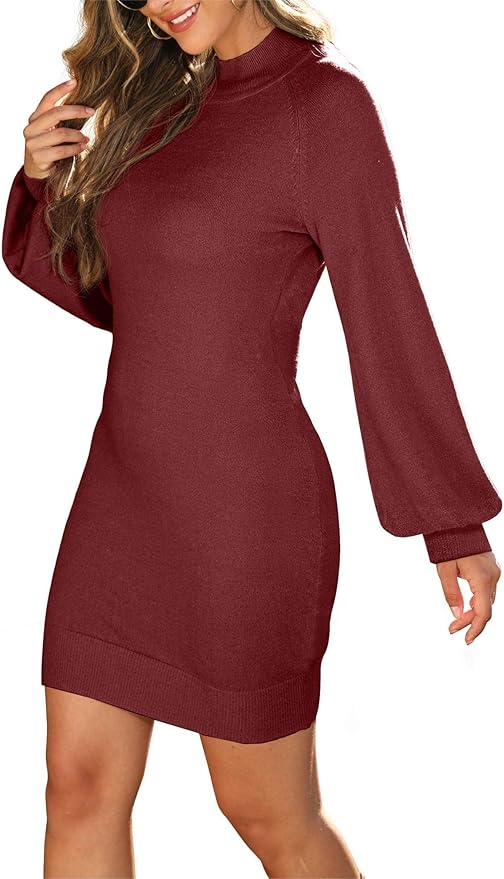 GRECERELLE 2026 Women's Mock Neck Ribbed Long Sleeve Bodycon Pullover Cute Mini Sweater Dress (XS-2XL)