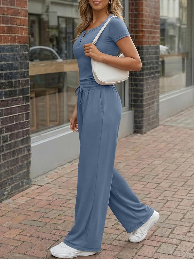 Trendy Queen Women's 2 Piece Matching Lounge Sets Summer Henley Neck Slightly Crop Top Wide Leg Pants Casual Sweat Suit