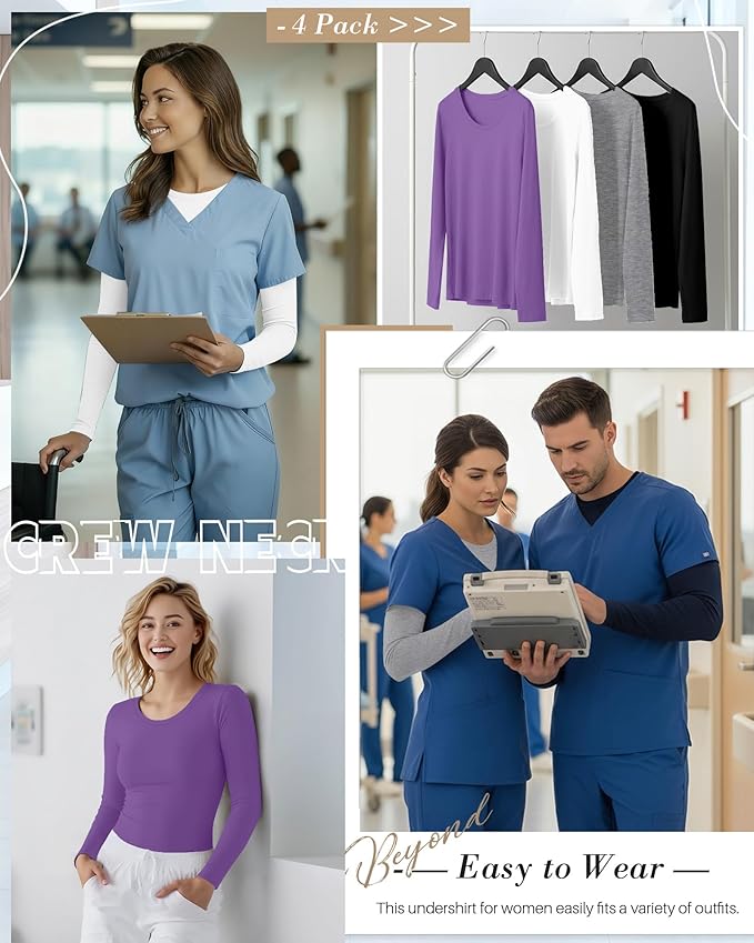 4 Pack Women's Underscrub Shirts Nurse Undershirts Long Sleeve Crewneck Slim Fit Tops Soft Stretchy Basic Tee