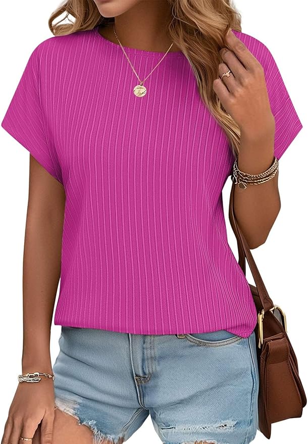 JUSTFASHIONNOW Womens Short Sleeve Blouses Business Casual Tops Crew Neck Basic Tees Textured Work Shirts Cute Office Outfits
