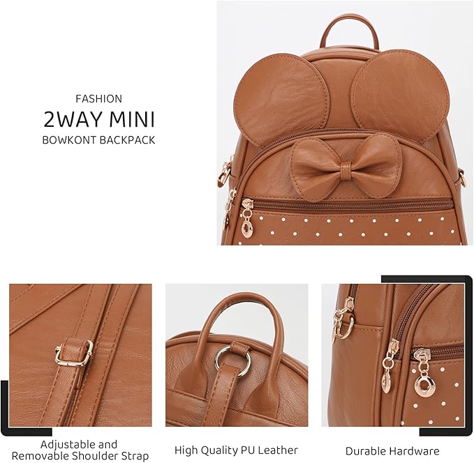KL928 Girls Mini Backpack Bowknot Polka Dot Cute Daypacks Convertible Shoulder Bag Purse for Women (Brown)