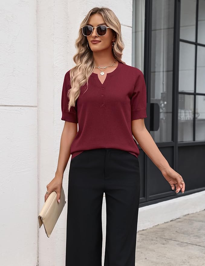 Zeagoo Women's Short Sleeve Sweater 2026 Spring Summer Tops Lightweight Casual V Neck Sweaters Dressy Work Blouses Clothes