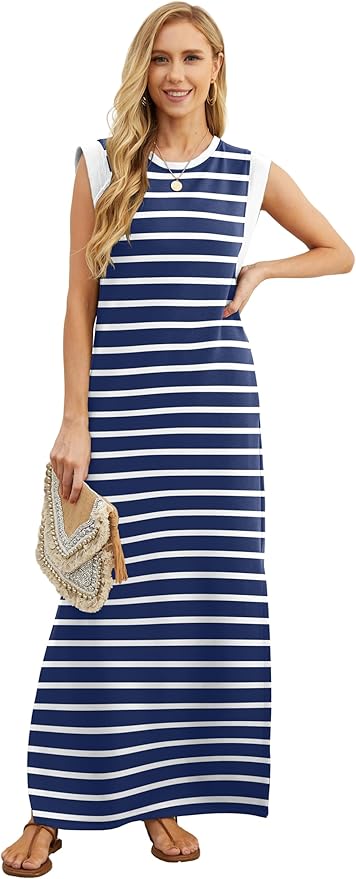 GRECERELLE 2026 Women Year-Round Casual Round Neck Loose Split Wrinkle-Free Long Maxi Vacation Dress with Pockets (XXS-4XL)