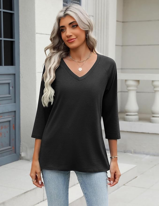 Zeagoo 3/4 Length Sleeve Womens Tops Casual V Neck Shirts Soft Basic Tees Business Work Blouses
