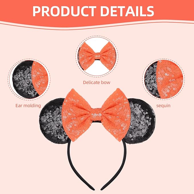 Seamoy Sequin Mouse Ears Headband, Halloween Mice Ears Hairband, Mouse and Mice Costume Hair Accessory for Women Girls (Orange Bow and Black)