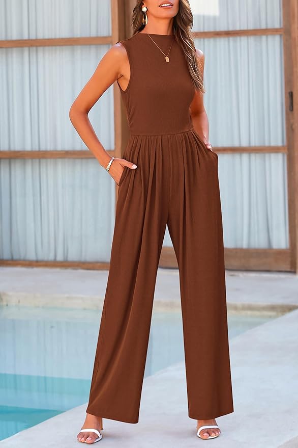 PRETTYGARDEN Womens Summer Jumpsuits Dressy Casual One Piece Outfits Sleeveless Mock Neck Wide Leg Pants Rompers with Pockets