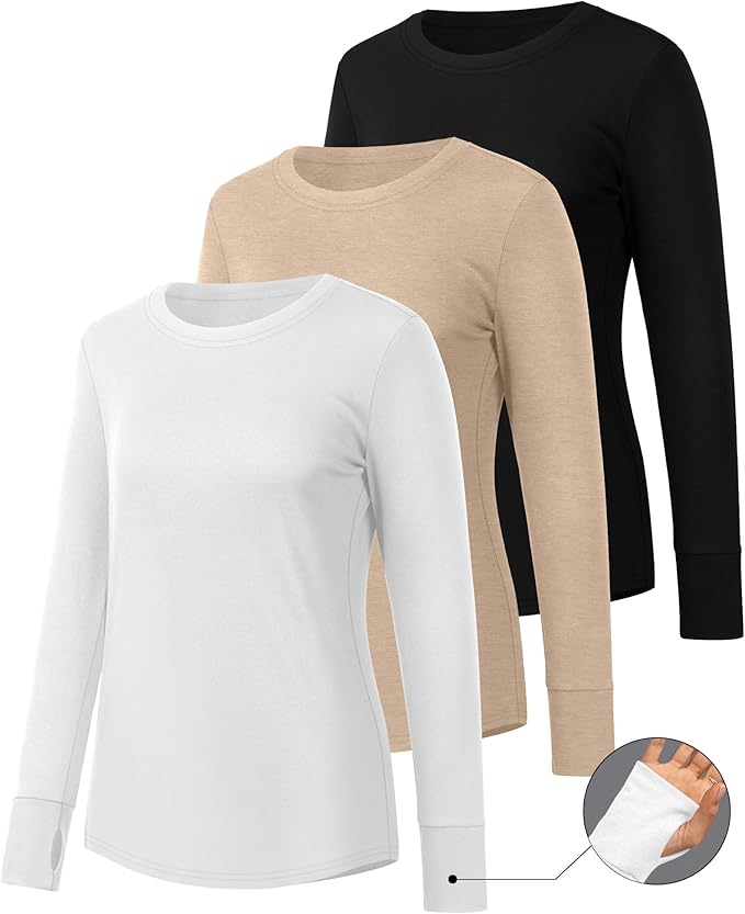 Huukeay 3 Pack Women's Long Sleeve Shirts with Thumb Holes, Cotton Casual Crew Neck Tunic Tops Fall Loose Y2k Trendy Outfits