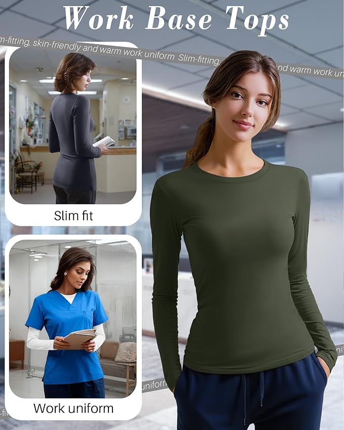 4 Pack Women's Underscrub Shirts Nurse Undershirts Long Sleeve Crewneck Slim Fit Tops Soft Stretchy Basic Tee