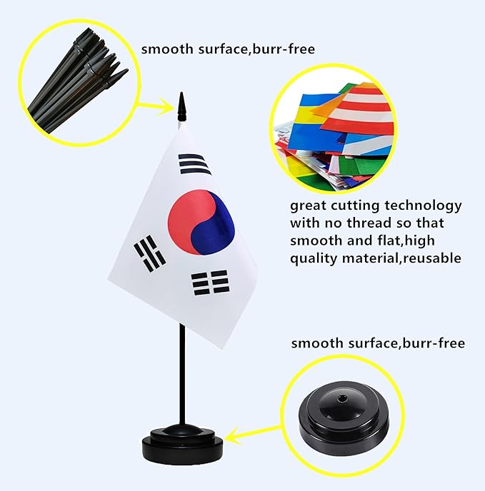 USA American & South Korea S Korean Desk Flags, US South Korea Table Flag, Small Mini American & S Korean Twin Table Office Flag, Miniature S Korean and US Desktop Flag With 13" Solid Black Pole, Black Base
