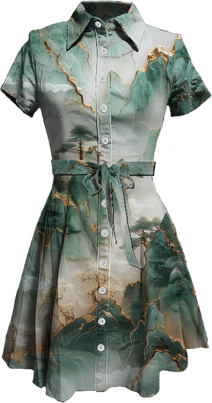 MARSVOVO Vintage Retro Shirt Dress for Women Short Sleeve Button Down Tie Waist Elegant Smocked Knee Length Dress