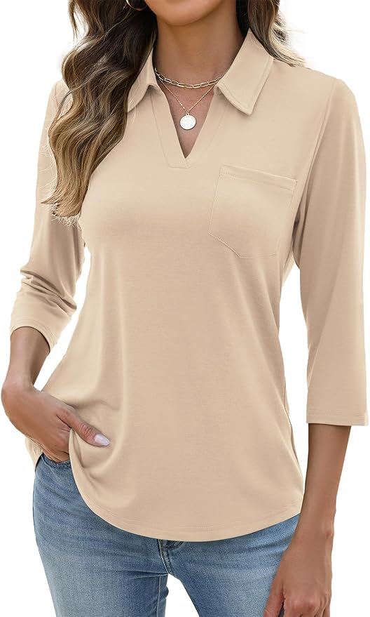 AKEWEI Womens 3/4 Length Sleeve Tops V Neck Casual Basic Tees Work Polo Shirts Collared Summer Top with Front Pocket