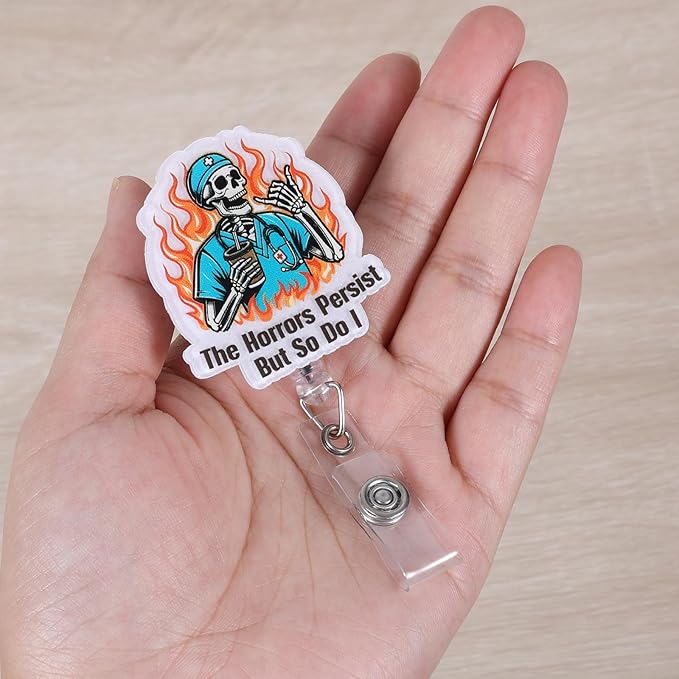 The Horrors Persist But So Do I Funny Heavy Duty Badge Reel | Retractable ID Card MRI Safe Badge Holder | Name Tag Medical Work Badge Clip for RN LPN CNA MA ER Night Shift Nurse Doctor | Nurse Gifts