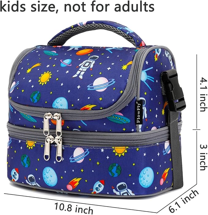 FlowFly Kids Double Decker Cooler Insulated Lunch Bag Large Tote for Boys, Girls, Men, Women, With Adjustable Strap, Astronaut