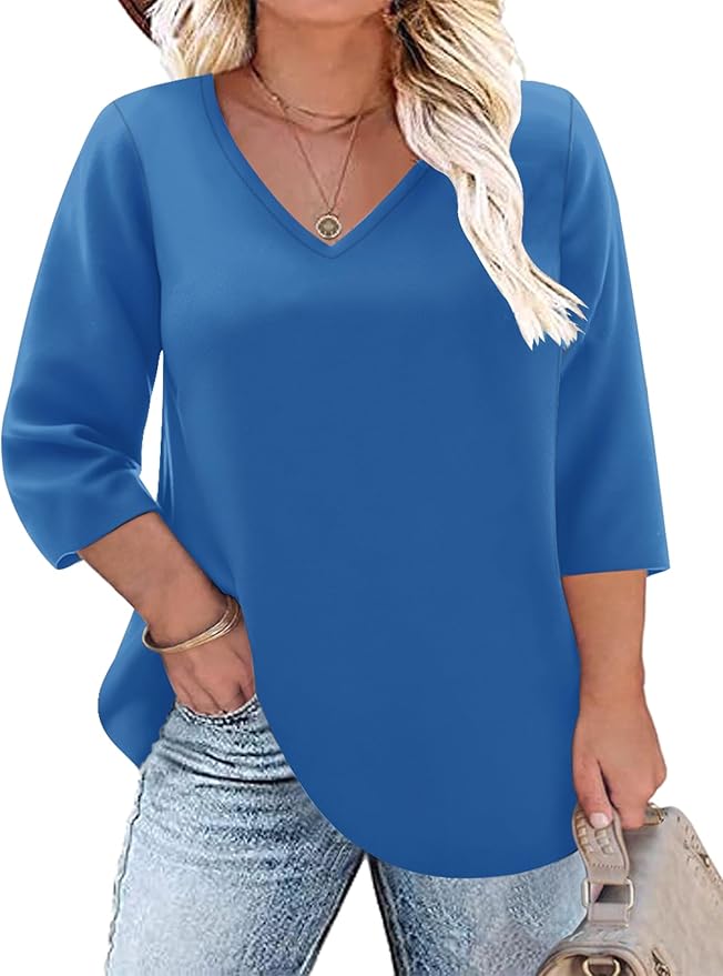 TFSDOD Womens Plus Size Tops V Neck T Shirts 3/4 Sleeve Blouse Summer Casual Tees XL-5X