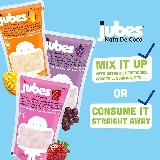 Jubes Strawberry & Grape Nata De Coco Jelly Cubes (12.7 oz, 3 of each Flavor) - Grape Coconut Jelly Cubes for Sago - Coconut Gel in Syrup Toppings for Fruit Tea, Boba, Bubble Tea, Drinks, Desserts Yogurt, Ice Cream, Beverage