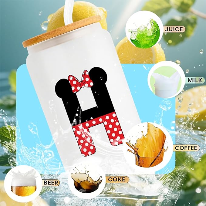 Cute Cartoon Mouse Lover Gifts Initial A-Z Personalized Iced Coffee Cup Magic Mouse Stuff Wizard Gift 16oz Glass Cup with Lid and Straws Birthday Christmas Gifts for Women Teen Girls (Letter H)