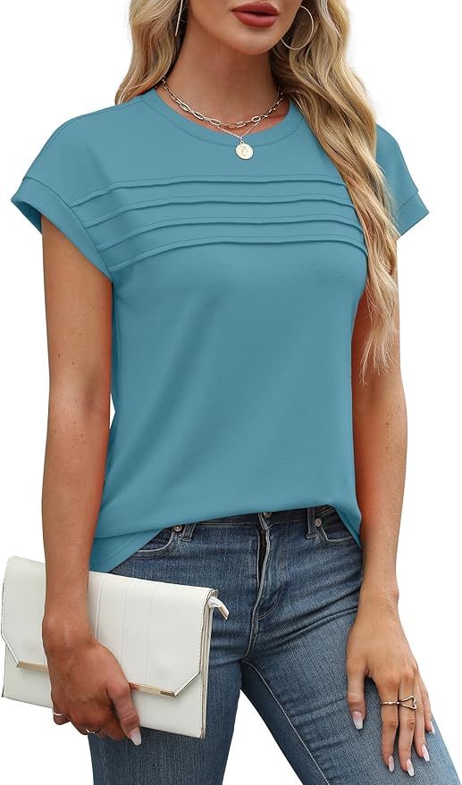 WEESO Womens Summer Tops Trendy 2026 Cap Sleeve T Shirts Crew Neck Pleated Front Beach Vacation Clothes Fashion