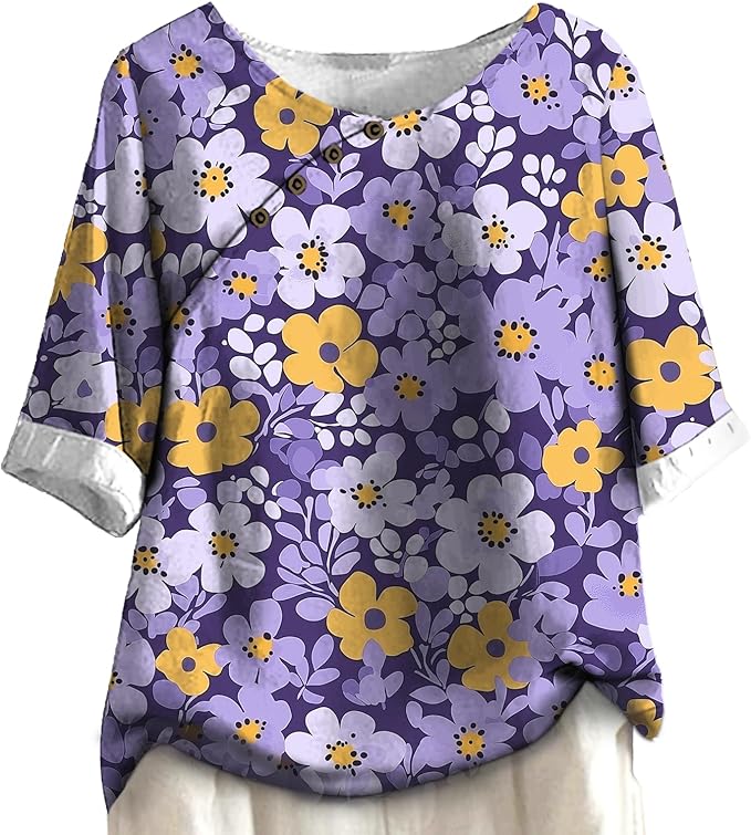Women's Shirts Dressy Casual Asymmetric Side Button Down Design Tops Summer Loose Fit Crewneck Graphic Tees