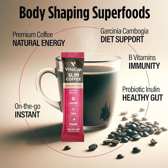 VitaCup Slim Instant Coffee Packets, with Garcinia, Fiber, B Vitamins, Skinny Coffee, Bold & Smooth, Medium Dark Roast, 100% Arabica Coffee in Single Serve Sticks, 72 Ct