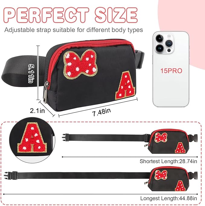Initial Letter Bow Mouse-Ear Fanny Pack for Teen Girls,Cute Chenille Belt Bag Crossbody Travel Waist Pack for Women&Kids,Personalized Gift for Theme Park,School & Travel, Birthday Christmas(A)