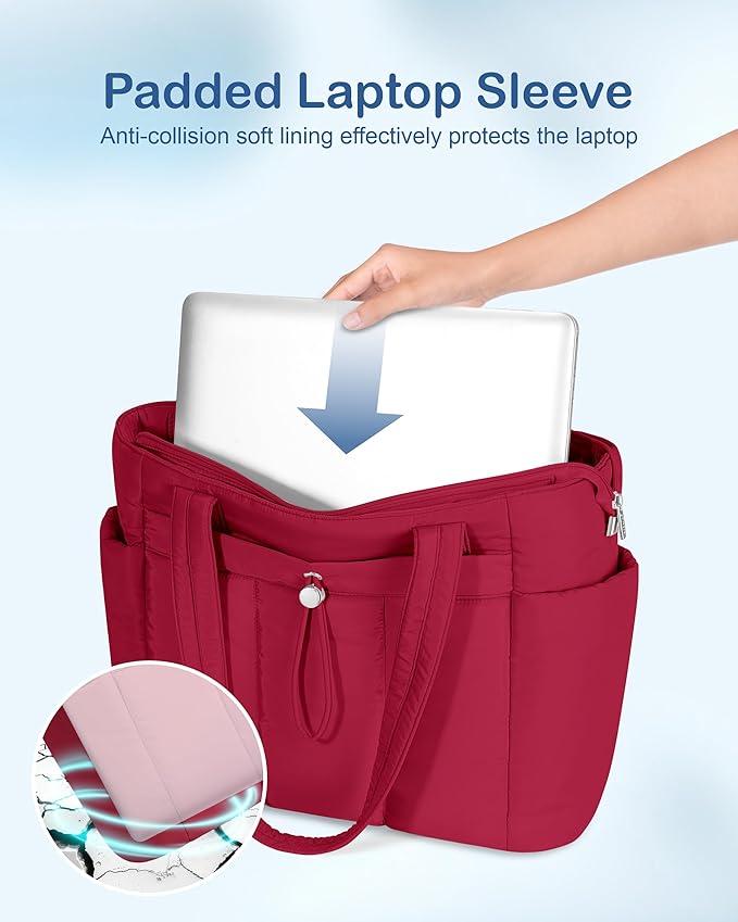 TOPDesign Puffy Tote Bag for Women with Cup Holder & Laptop Compartment & Cosmetic Bag & Trolley Sleeve for Work, Travel