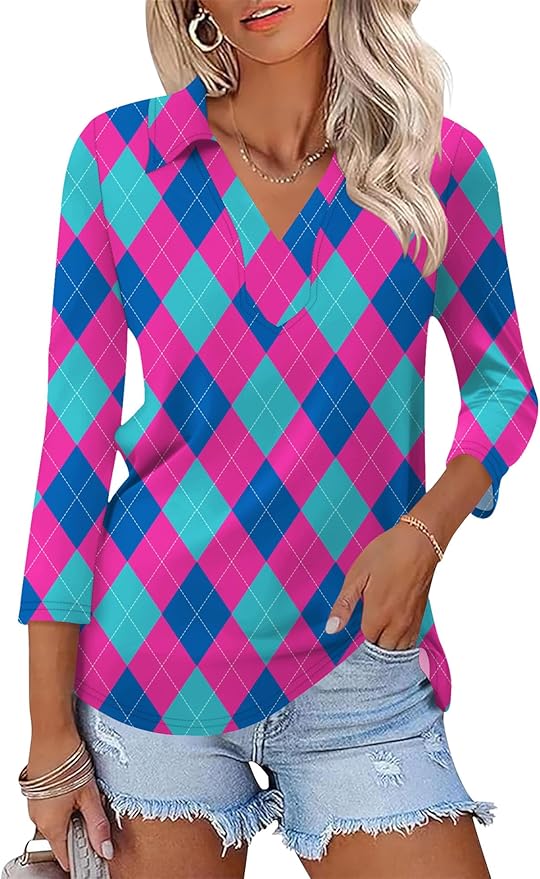 LOMON 3/4 Length Sleeve Womens Tops 2026 Spring Summer Collared Polo Shirts V Neck Casual Basic Polos Tees Shirt