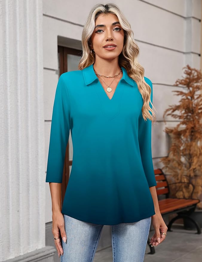 LOMON 3/4 Length Sleeve Womens Tops 2026 Spring Summer Collared Polo Shirts V Neck Casual Basic Polos Tees Shirt