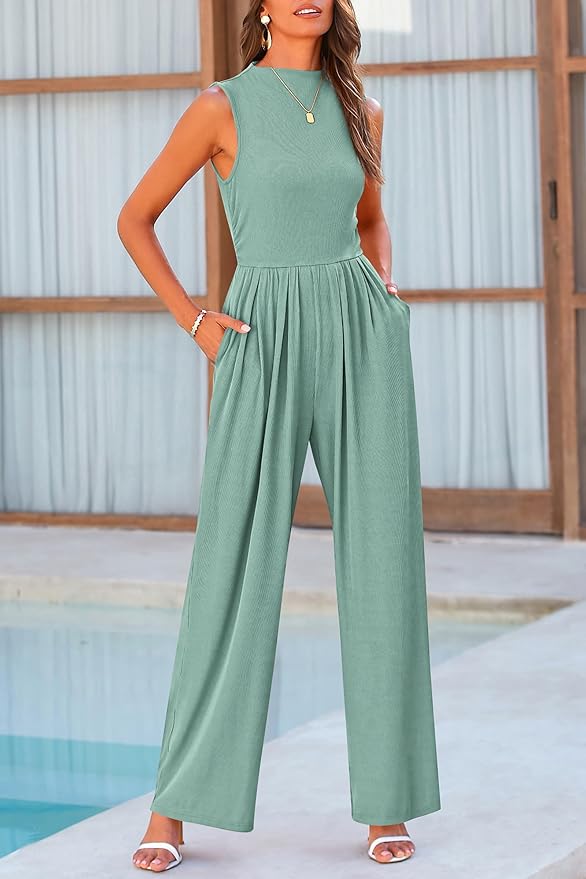 PRETTYGARDEN Womens Summer Jumpsuits Dressy Casual One Piece Outfits Sleeveless Mock Neck Wide Leg Pants Rompers with Pockets