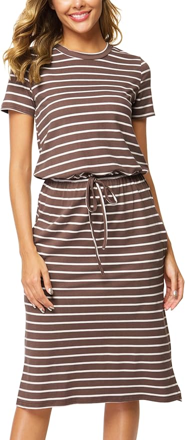 Simier Fariry Womens Spring Hide Belly Knee Length Travel Dress Pocket Summer Short Sleeve Midi Work Casual Outfits
