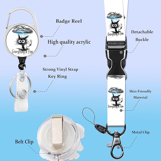 Lanyard for ID Badge Holder Badge Reel Everything is Fine Cat for Man Women Cute Nurse Teacher Name Tag Clip Retractable Keychain Heavy Duty Work Office Gifts Accessories