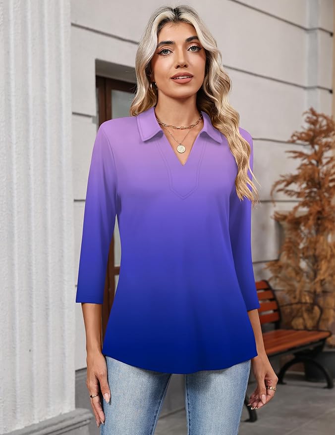 LOMON 3/4 Length Sleeve Womens Tops 2026 Spring Summer Collared Polo Shirts V Neck Casual Basic Polos Tees Shirt