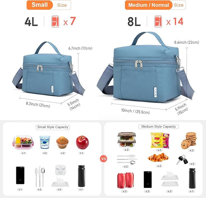 NOL Natural Organic Lifestyle Small Insulated Lunch Bags for Women Cooler Bag Lightweight Nylon Waterproof Lunch Box For Work (Small, Dusty blue)