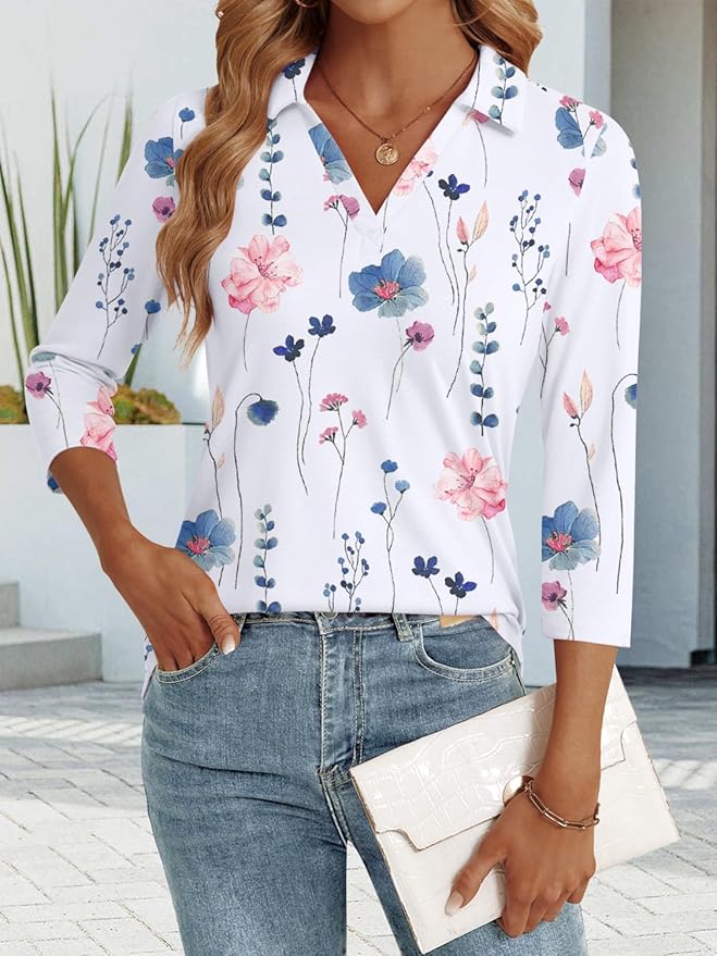 3/4 Length Sleeve Womens Tops Dressy Casual V Neck Polo Shirts Business Work Blouses 2025 Trendy Tunic Top