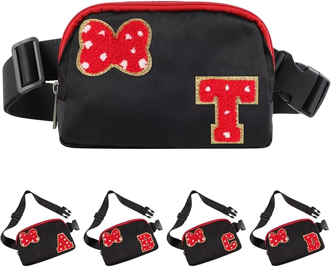 Initial Letter Bow Mouse-Ear Fanny Pack for Teen Girls,Cute Chenille Belt Bag Crossbody Travel Waist Pack for Women&Kids,Personalized Gift for Theme Park,School & Travel, Birthday Christmas(T)