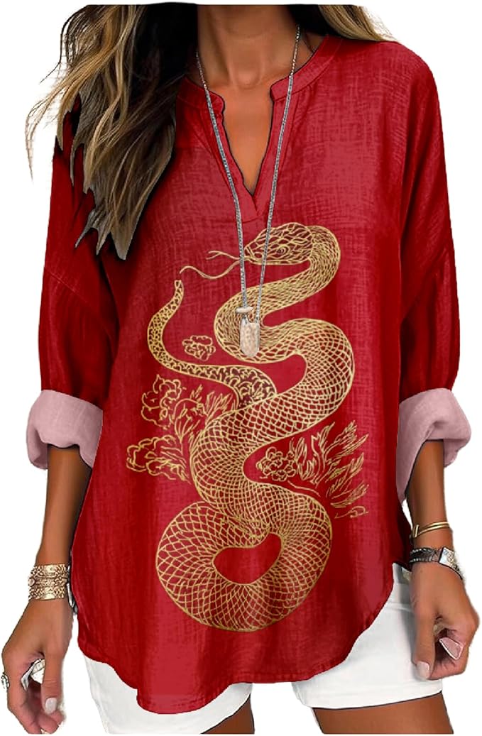 MARSVOVO V Neck Shirt For Women Boho Multi Style Blouse Long Sleeve Novelty Graphic Plus Size Pullover Tops For Women
