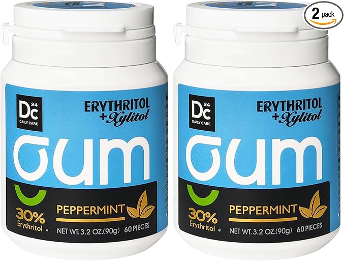 DC24 DAILY CARE Xylitol Chewing Gum with Erythritol, Aspartame Free & Sugar Free Gum, Low-Calorie, Sugarless, Natural Peppermint, 60 Pieces (Pack of 2)